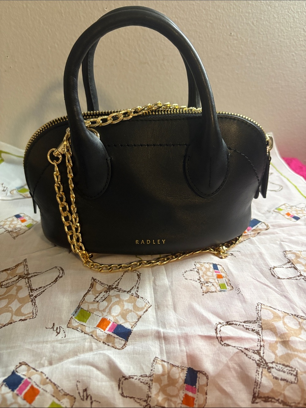 RADLEY LONDON Black Leather Top-Handle Satchel with Gold Chain